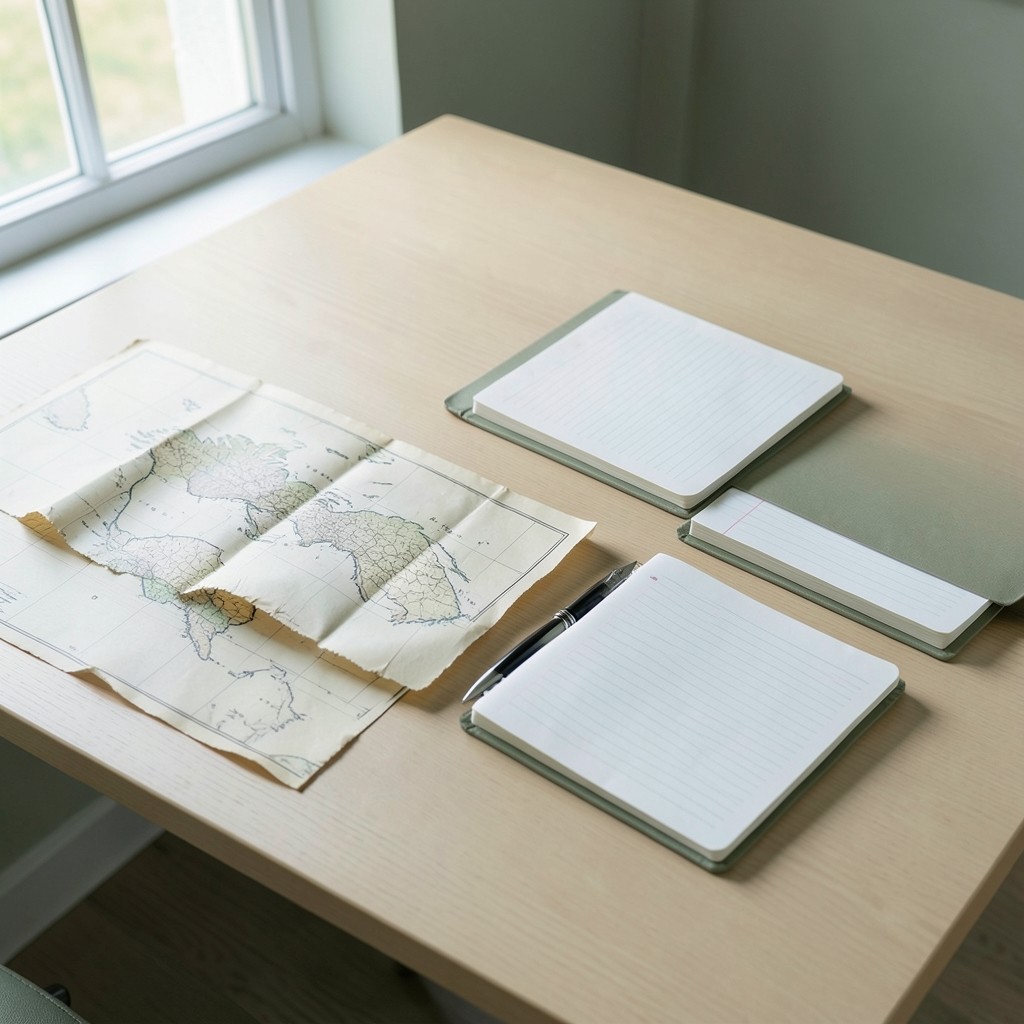 Research desk with pharmacy channel notes and provincial maps in soft natural light