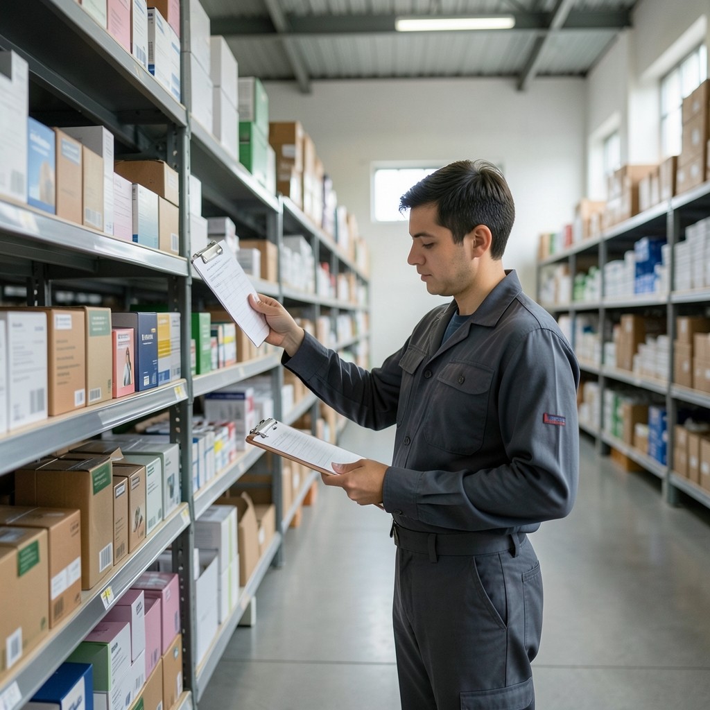 Pharmacy wholesale shelves being checked before a restock week
