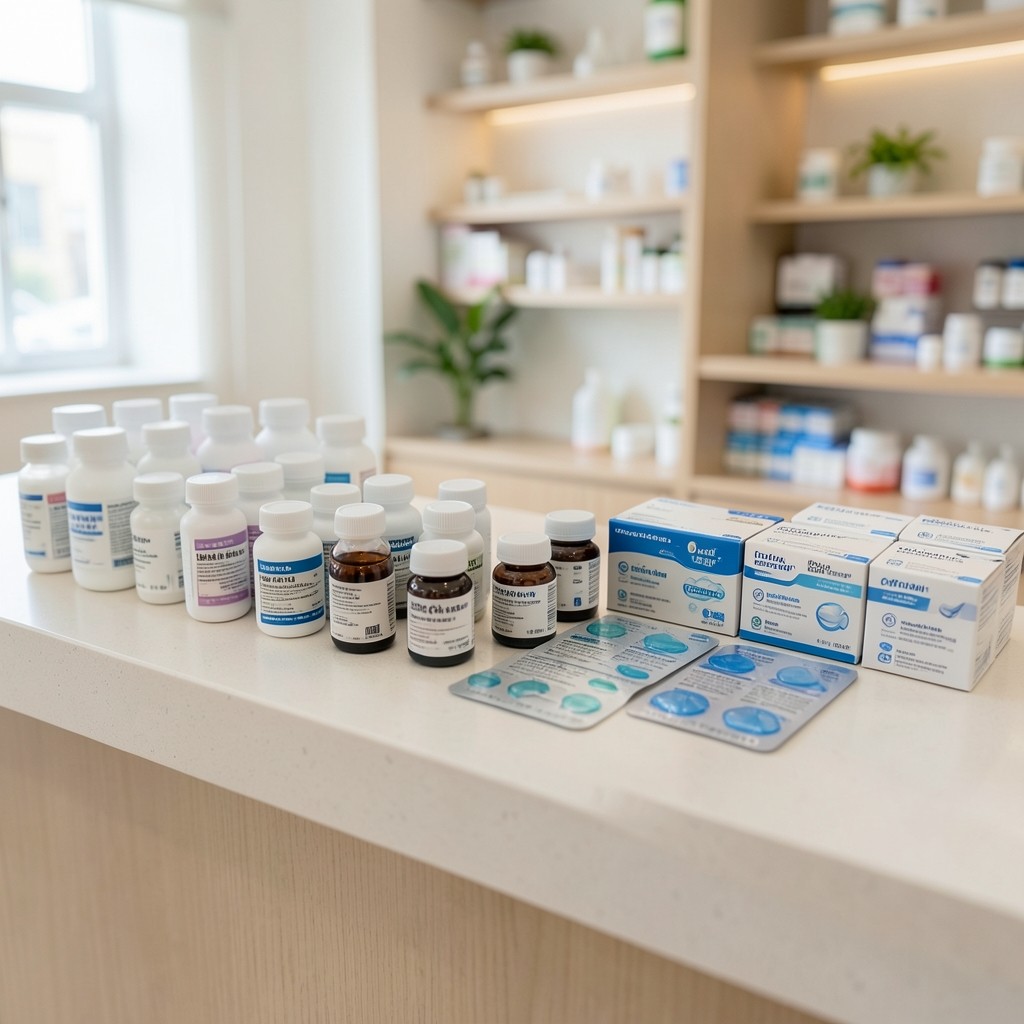 OTC medicines and chronic care packs arranged on a pharmacy counter