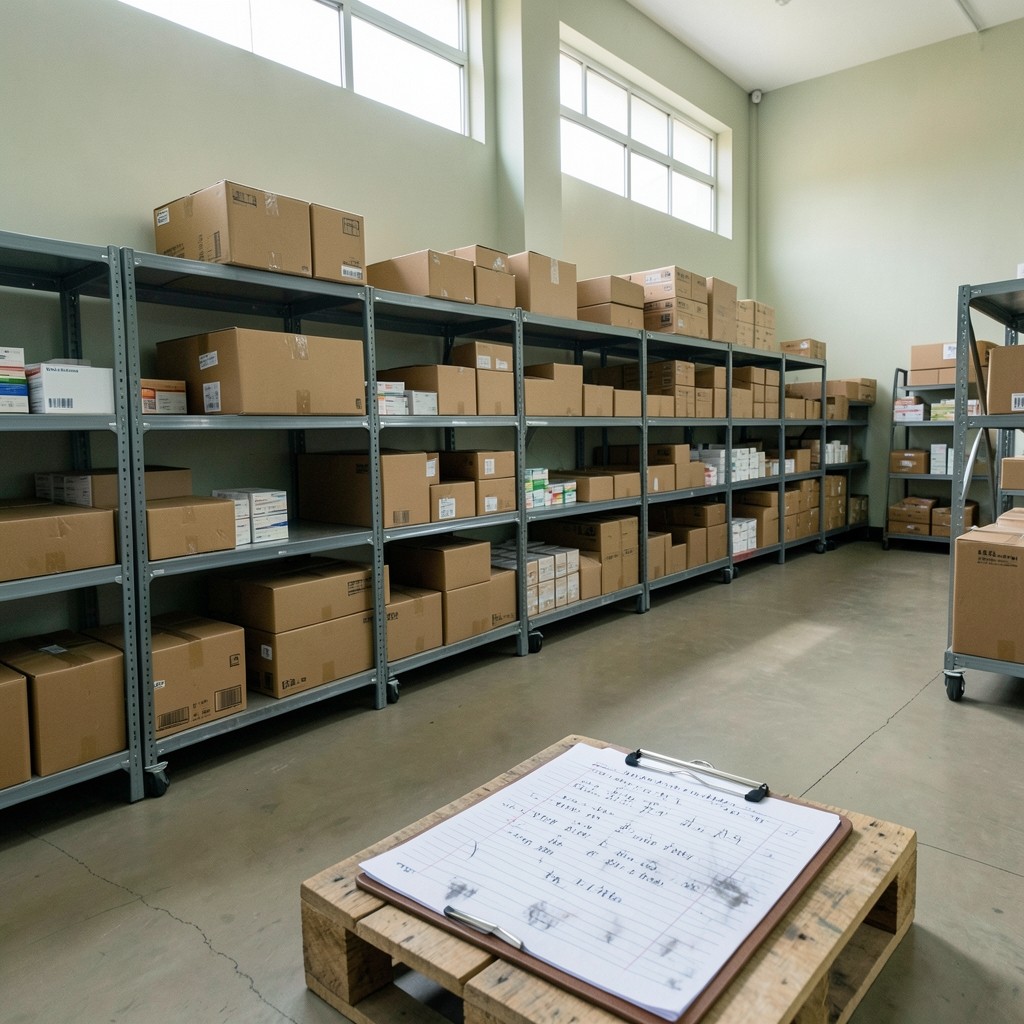 Pharmacy wholesale aisle with cartons and handwritten buyer notes under soft daylight