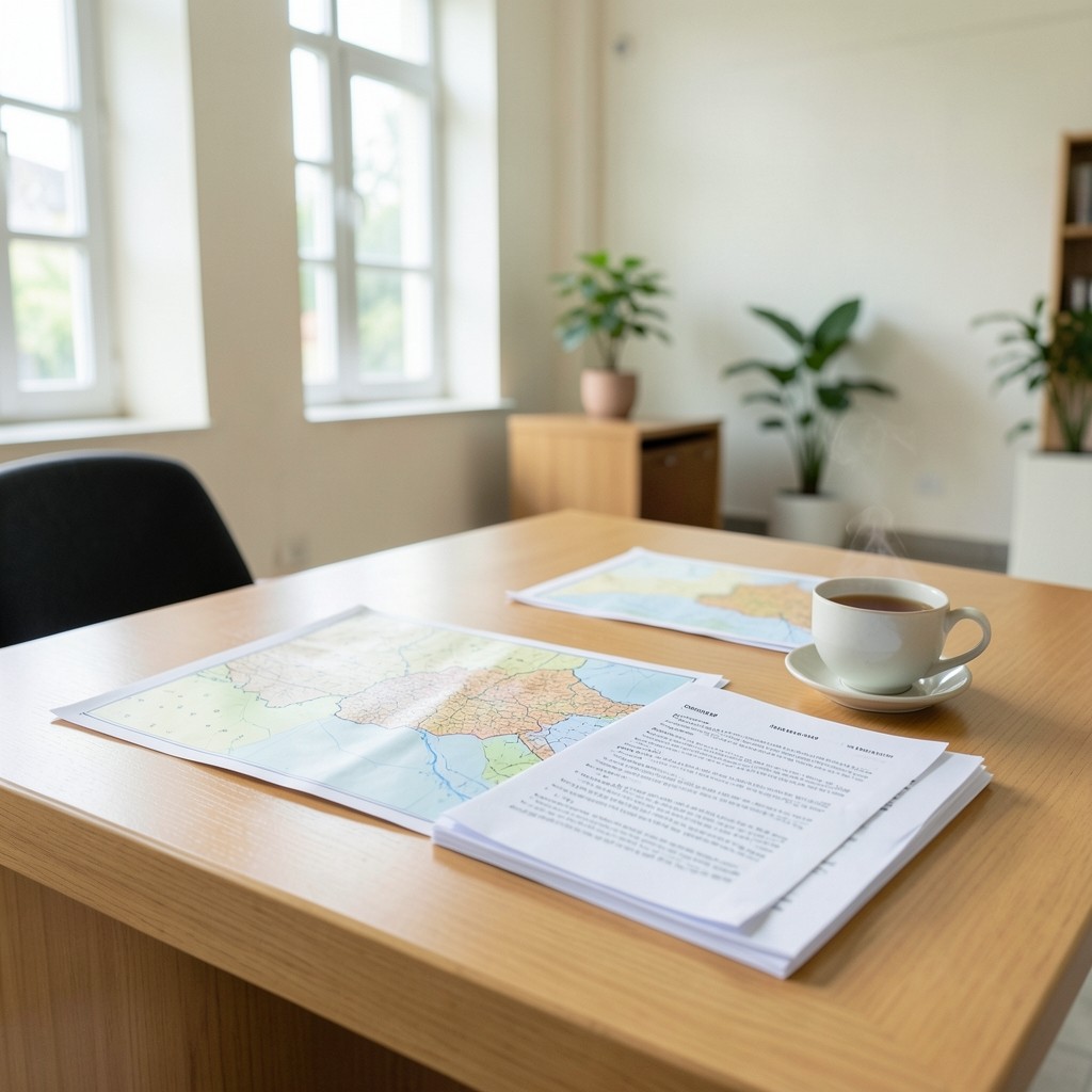 Quiet desk in Vinh Long with pharmacy channel maps and outlook drafts