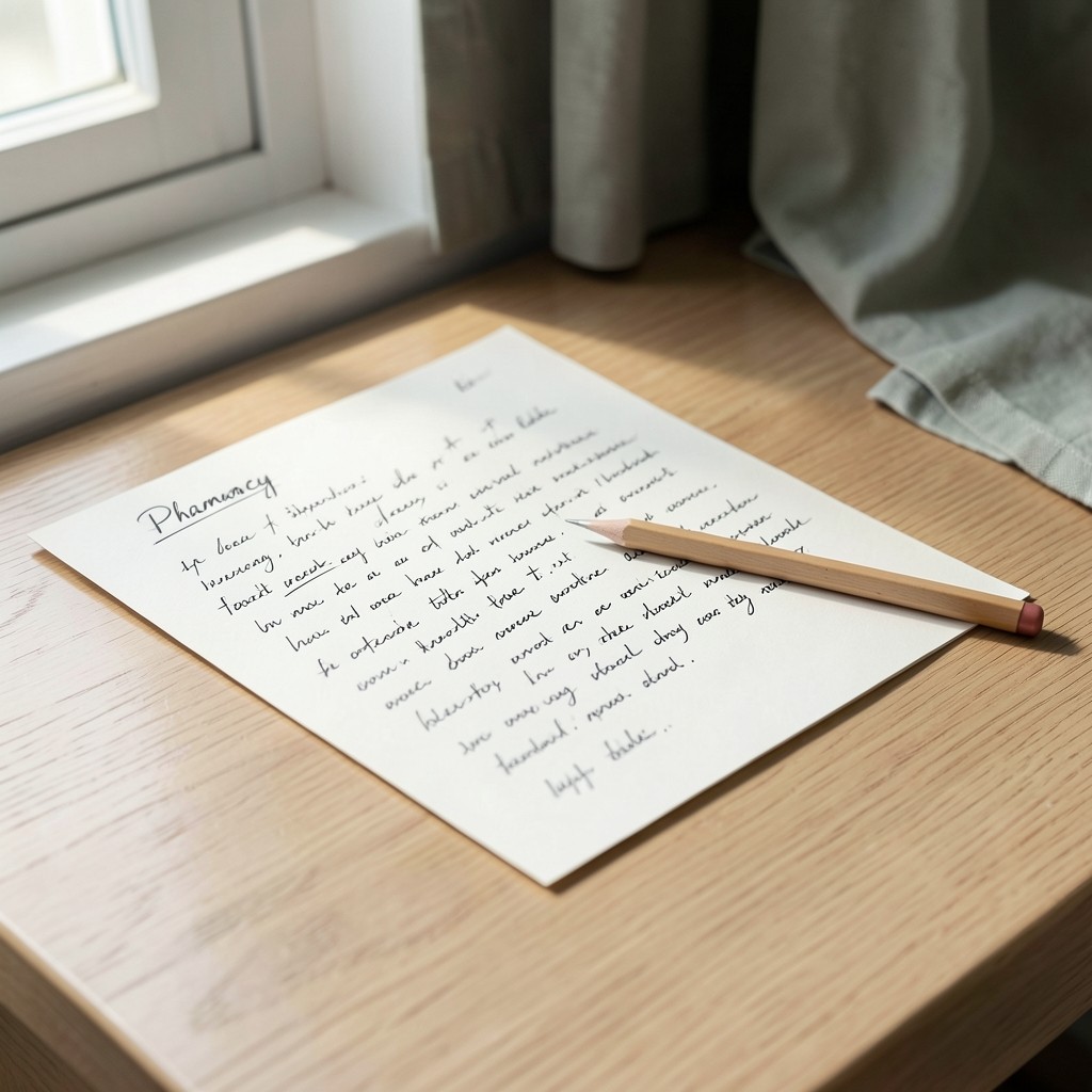 Open outlook letter draft with pharmacy category notes and a pencil