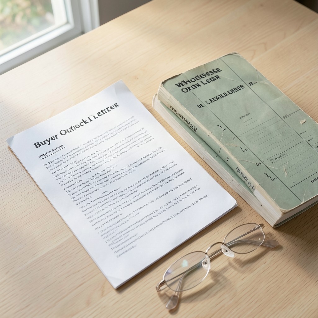 Printed pharmacy buyer outlook letter beside wholesale order ledgers